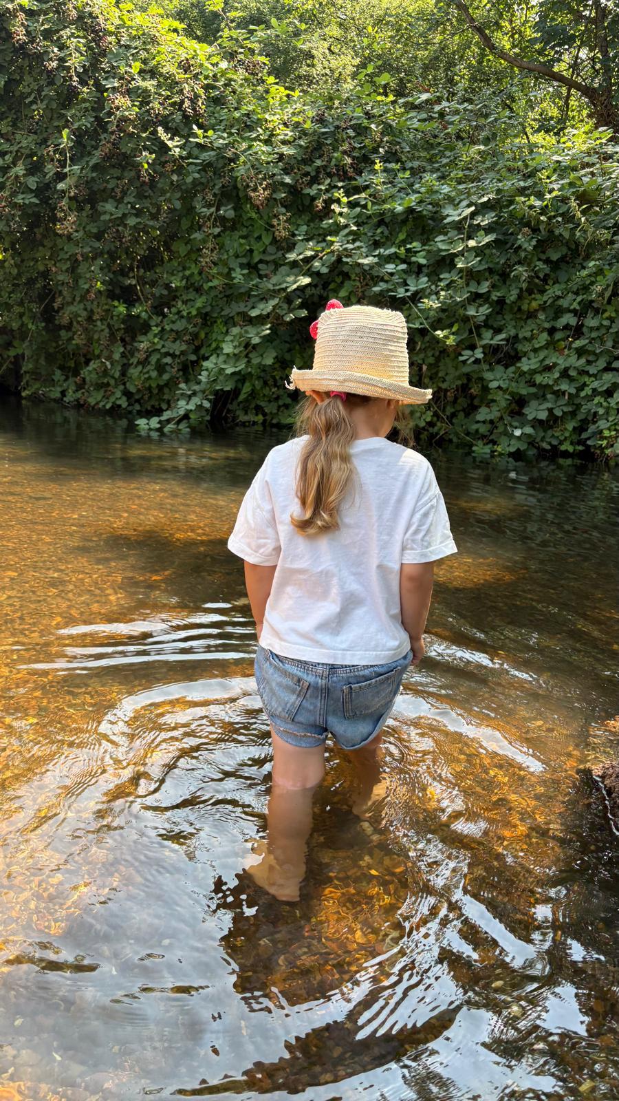 A child paddling in a stream